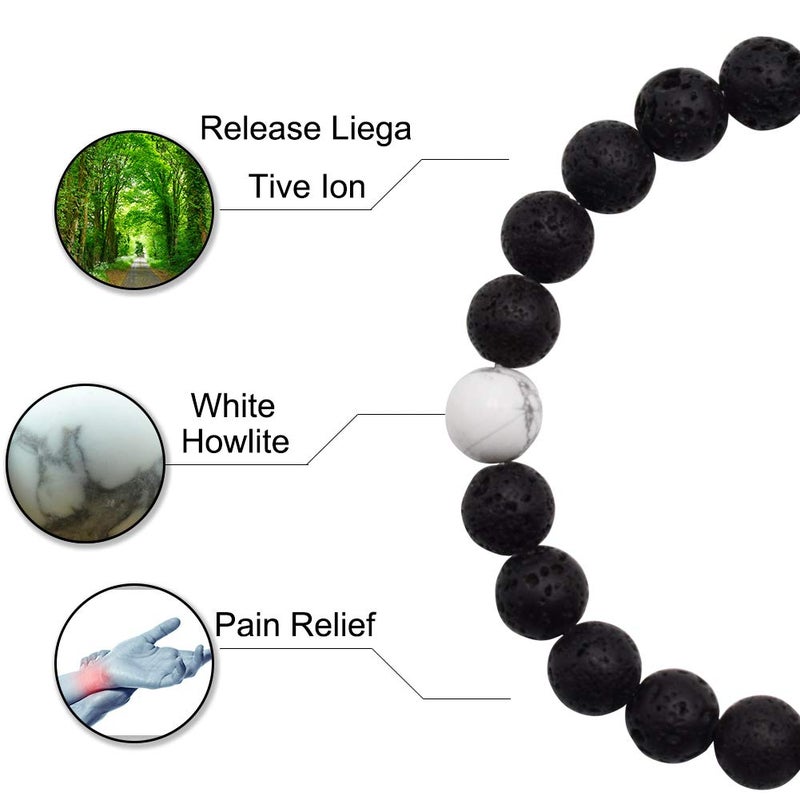 Byson 2 Pcs Couple Distance Relationship Bracelets 8mm Natural Black Lava Stone & White Howlite Energy Beads Ying Yang Balance Essential Oil Diffuser Bracelet Banglet for Lovers - Image 3